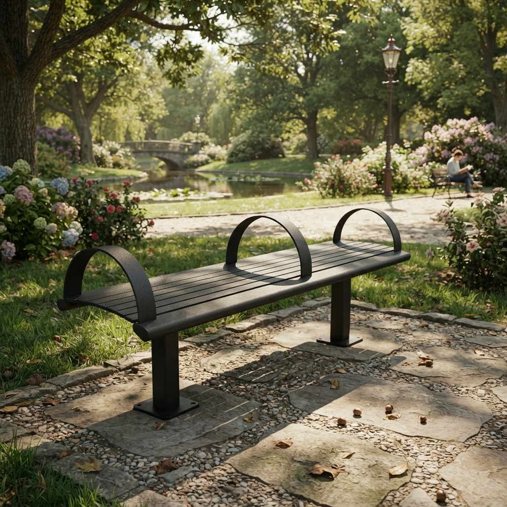 A dark metal park bench with curved armrests sits on a stone path in a lush, sunlit garden with trees, flowers, and a pond in the background.