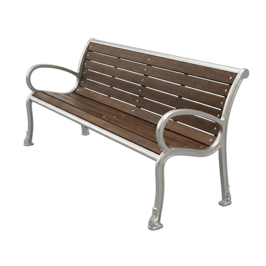 A modern outdoor bench with dark brown wooden slats and a silver metal frame, shown at a three-quarter angle on a plain white background.