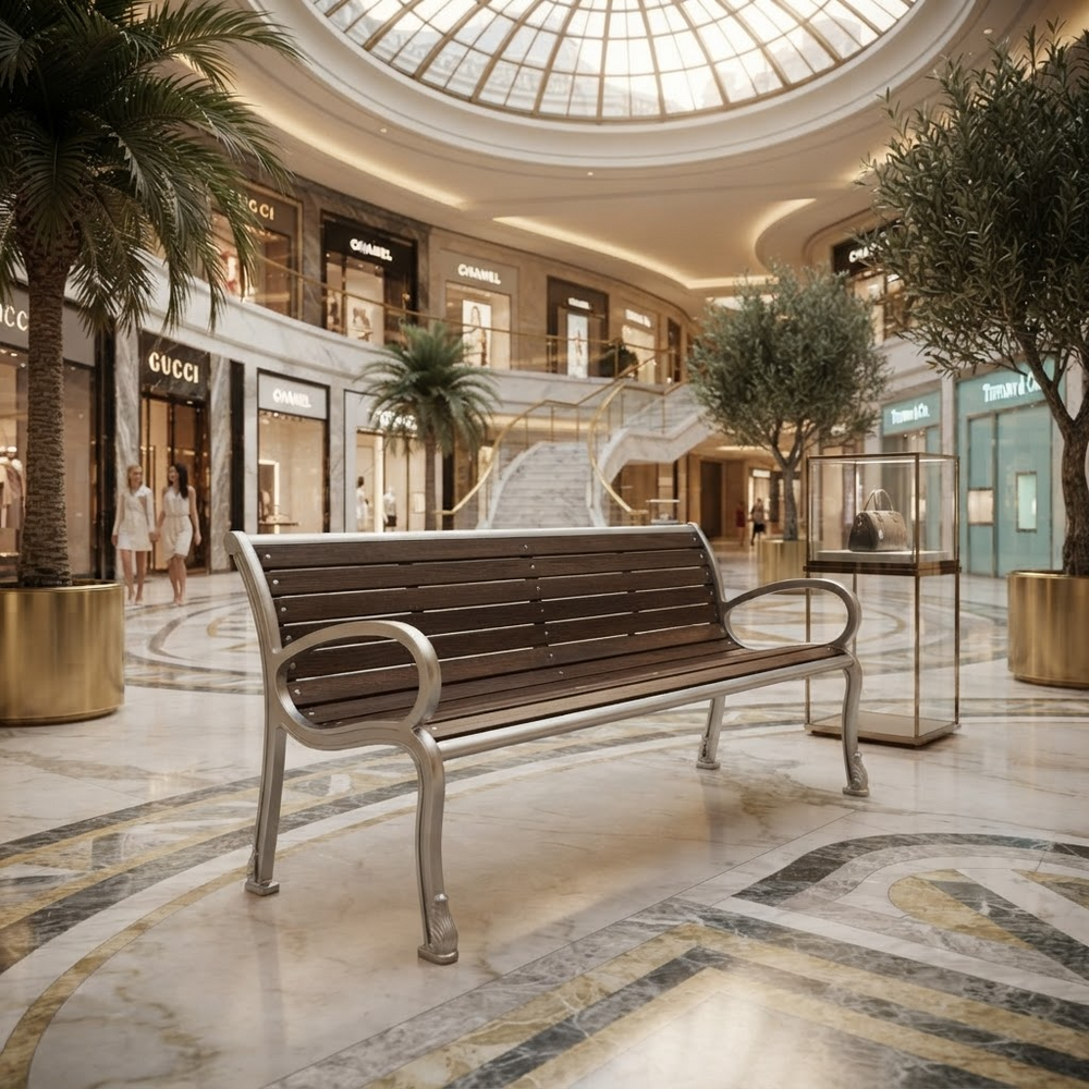 A modern outdoor-style bench with a dark brown slatted seat and silver metal frame, placed in a luxurious, upscale shopping mall atrium with marble floors, palm trees, and Gucci storefronts visible in the background.