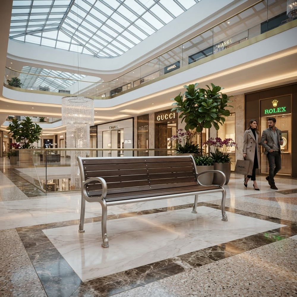 A modern wooden slat bench with curved silver metal arms and legs sits in a luxury shopping mall atrium. In the background, a man and a woman walk past storefronts including Gucci and Rolex, with a glass-domed ceiling and marble floors.