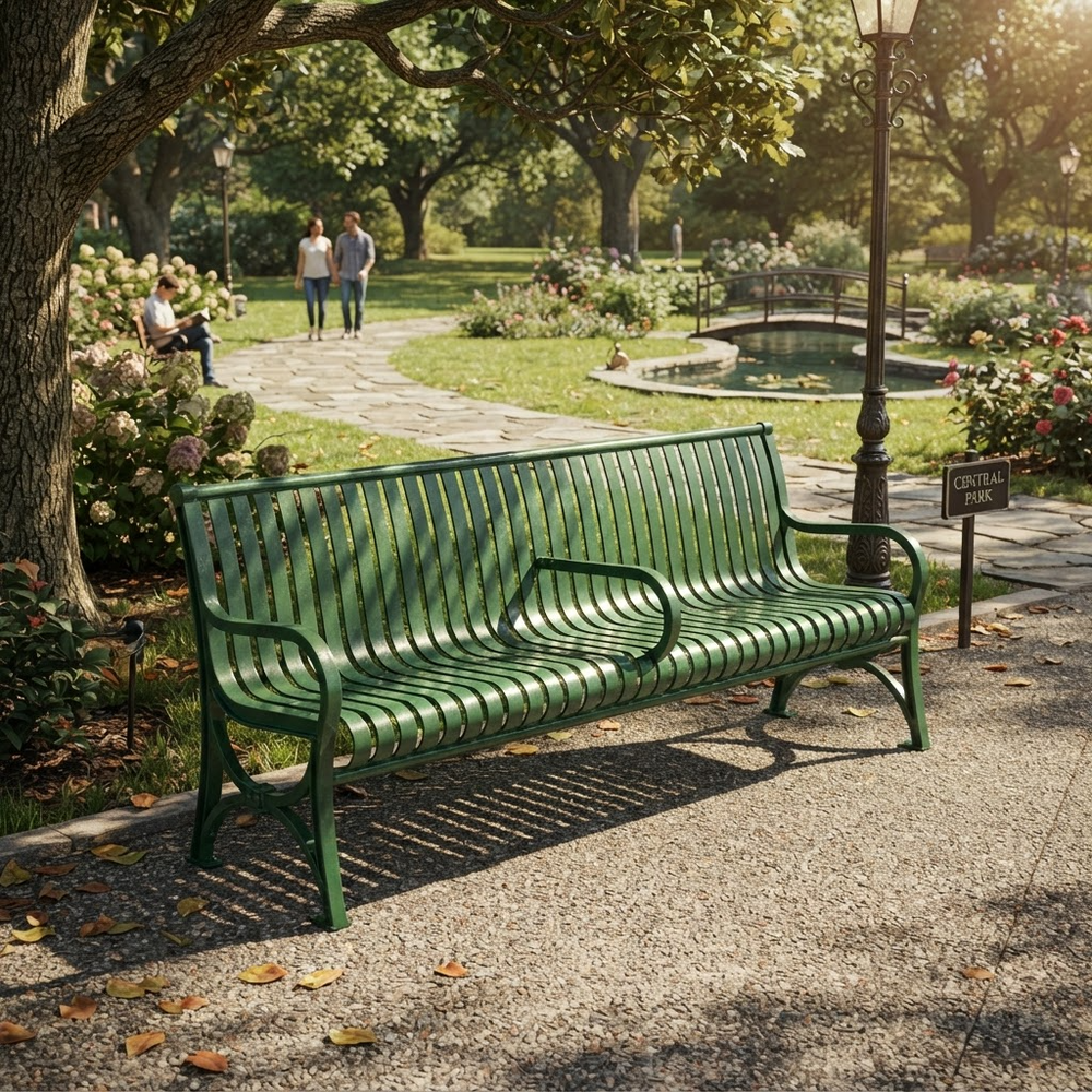 A green metal park bench sits on a gravel path in a sunny, tree-lined park with walking paths, flowers, and a pond in the background.