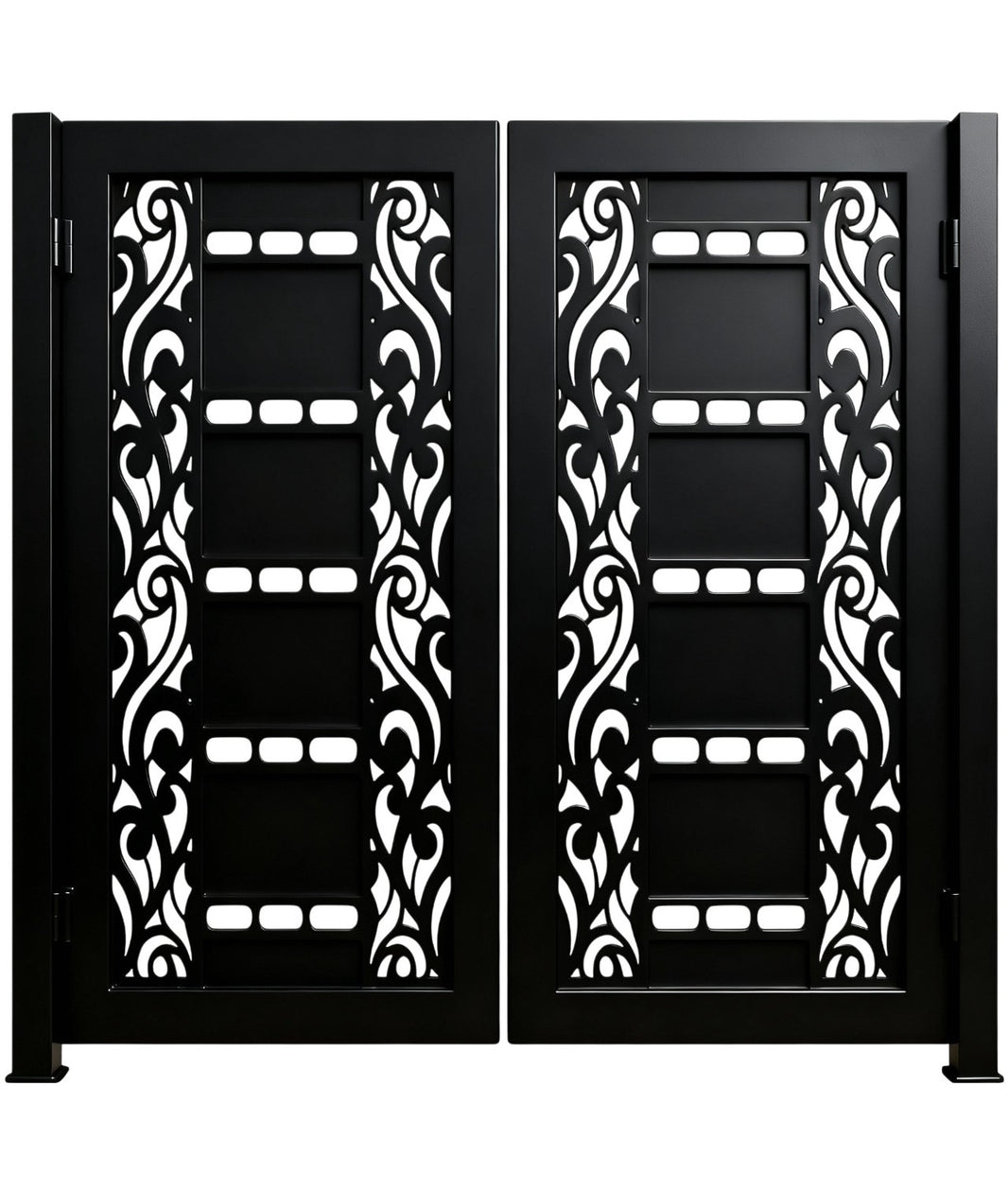 Swirlgrid Passage – Decorative double-panel metal man door with vertical swirl lattice and rectangular cutout grid Model # MG003