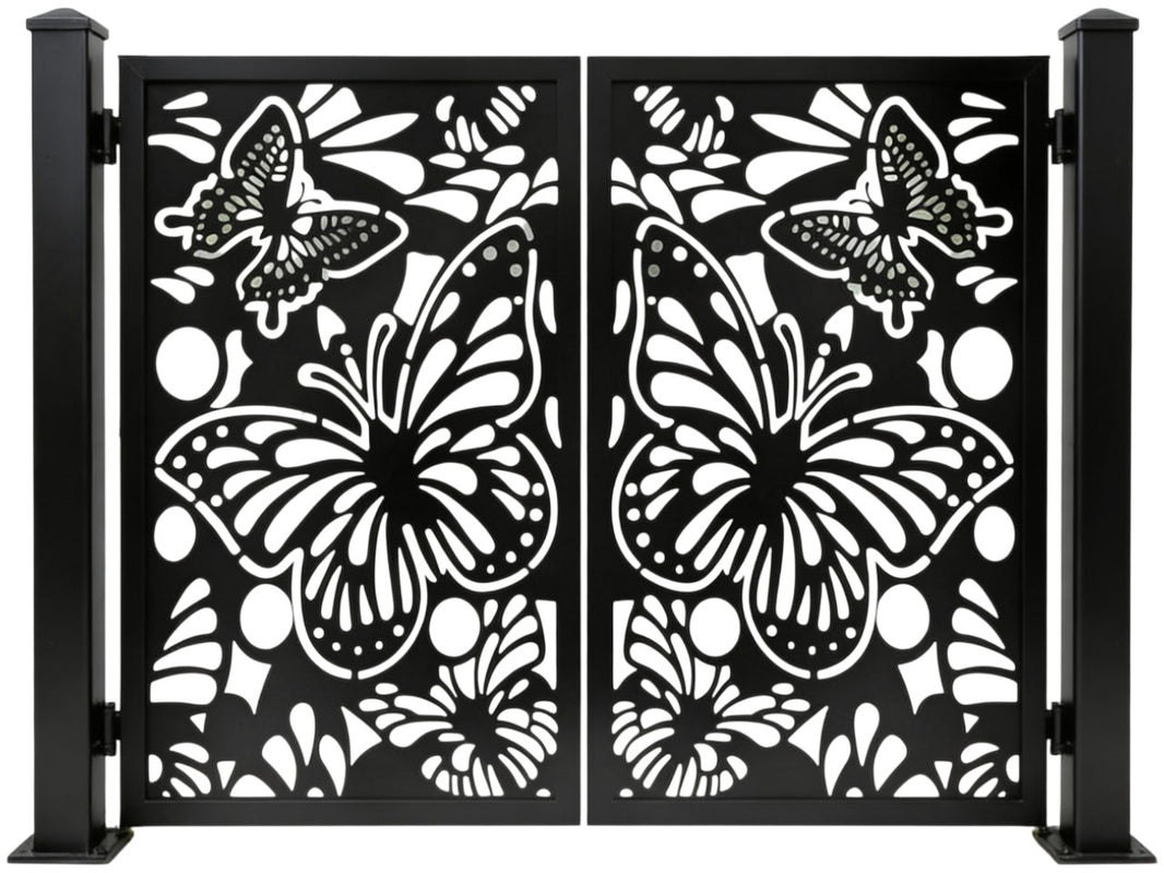 Butterveil Passage – Ornamental metal man door with butterfly medallions and layered floral cutout lattice Model MG013