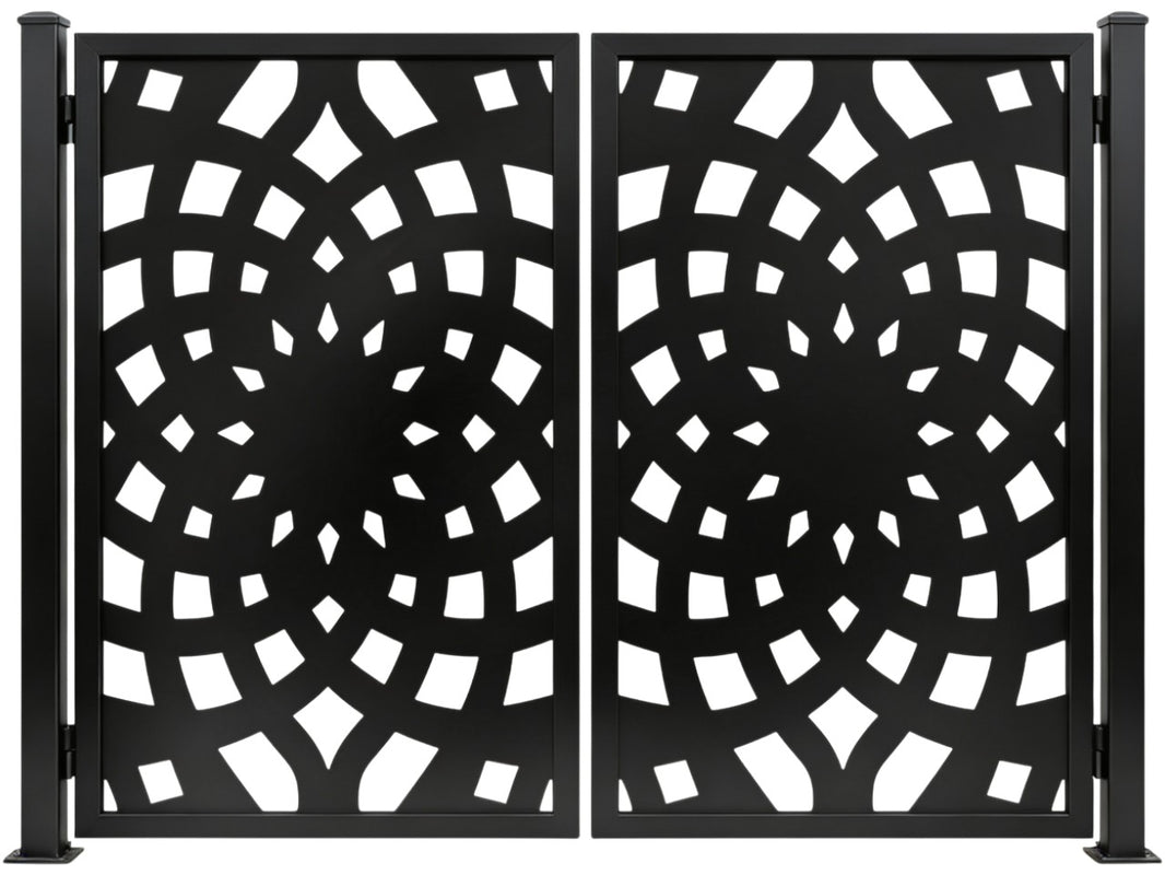 Mandalux Passage – Ornamental metal man door with kaleidoscopic lattice and symmetrical mandala geometry Model MG015