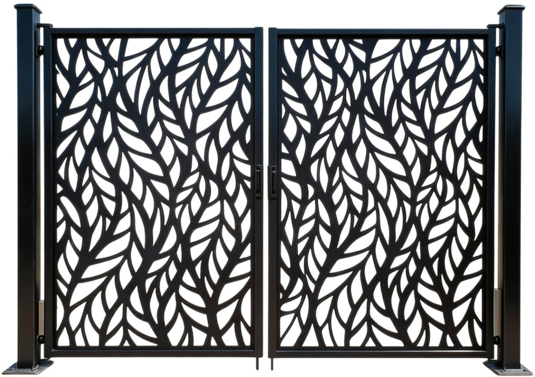 Leafveil Passage – Ornamental metal man door with botanical cutout lattice and privacy panel geometry Model MG035