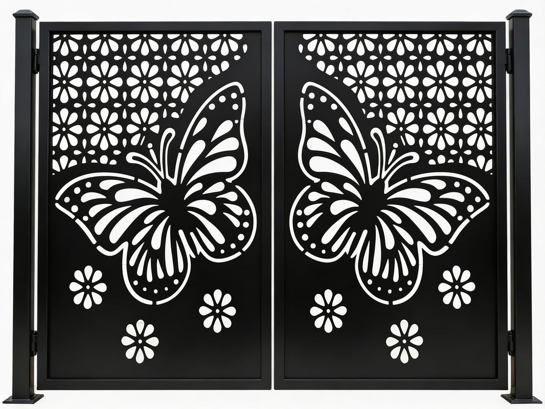 Papillonbloom Passage – Ornamental metal man door with butterfly medallions and floral cutout lattice Model # MG039
