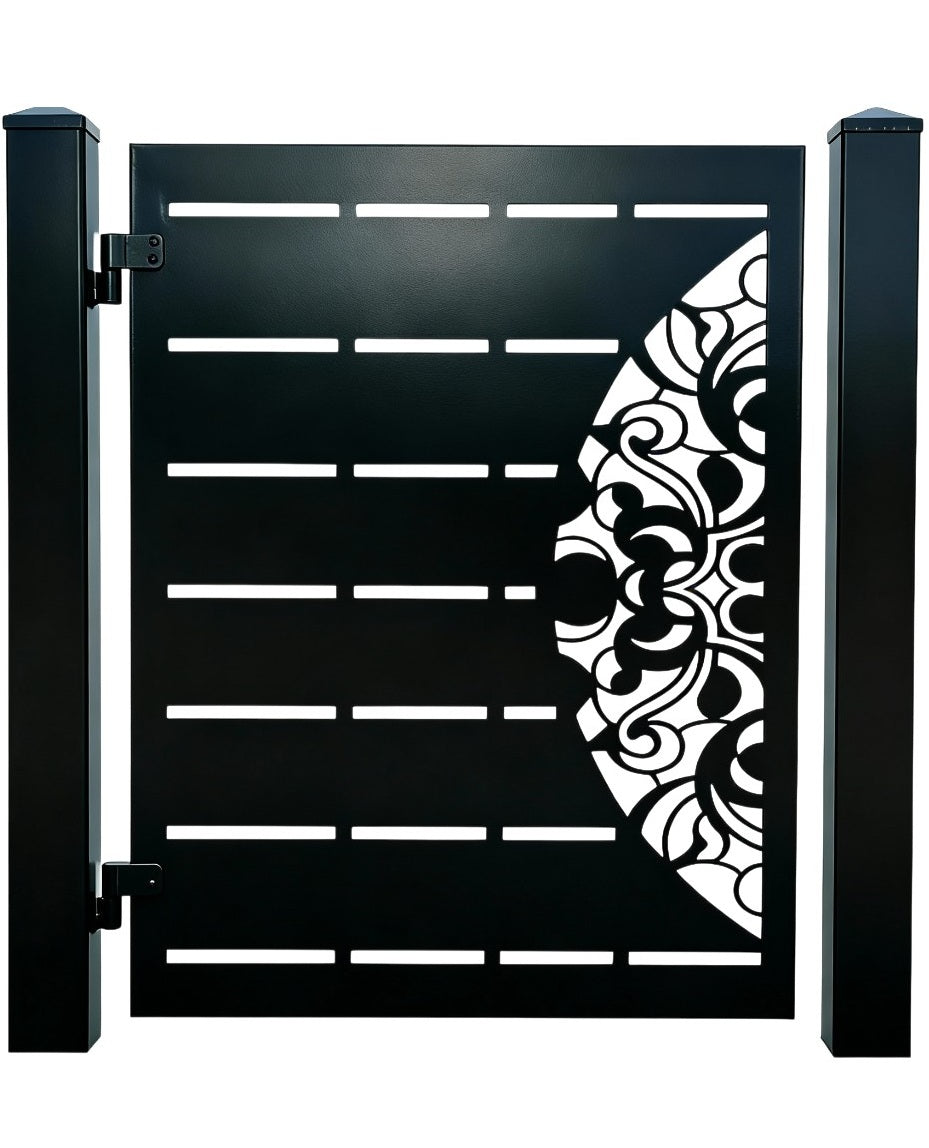 Gridbloom Passage – Modern ornamental metal man door with horizontal cutout grid and floral side lattice Model # MG041