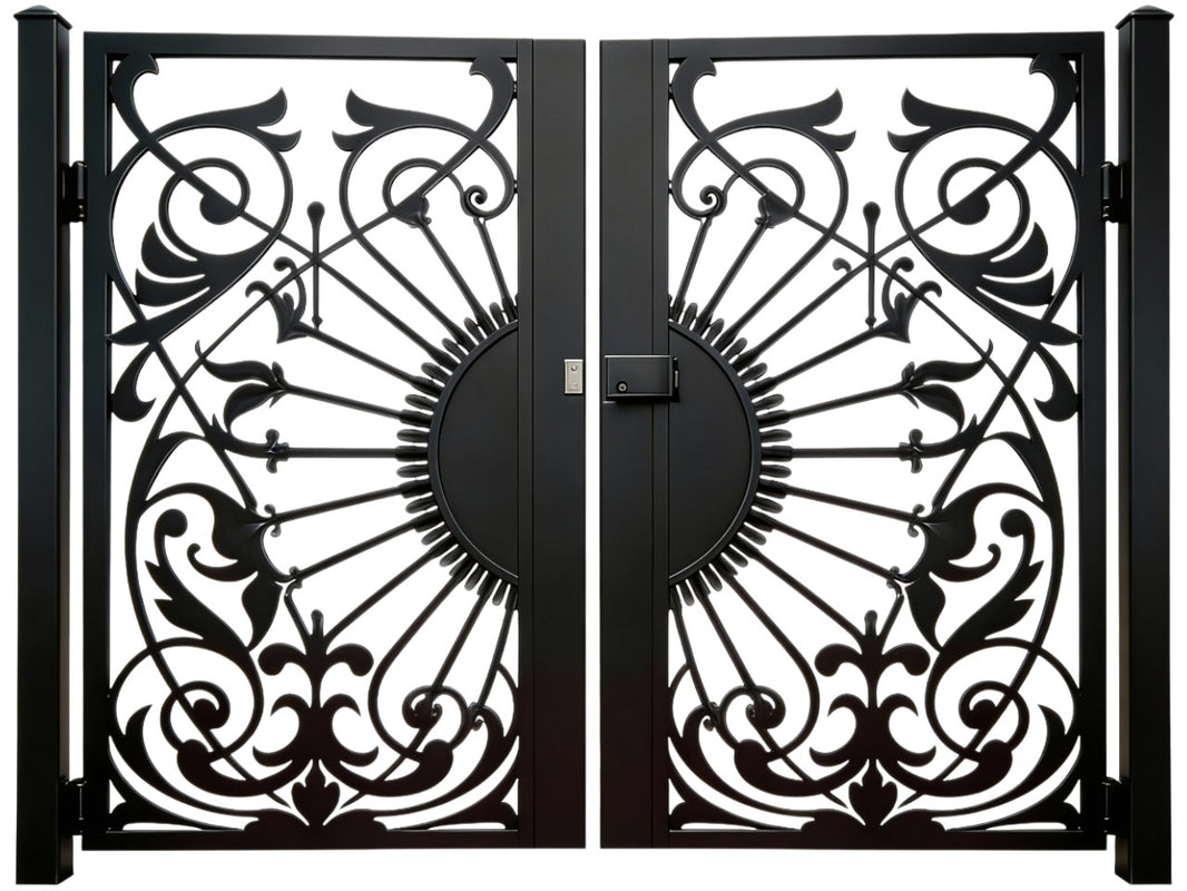Rosavine Passage – Ornamental wrought iron man door with circular medallion and floral scrollwork lattice Model # MG045