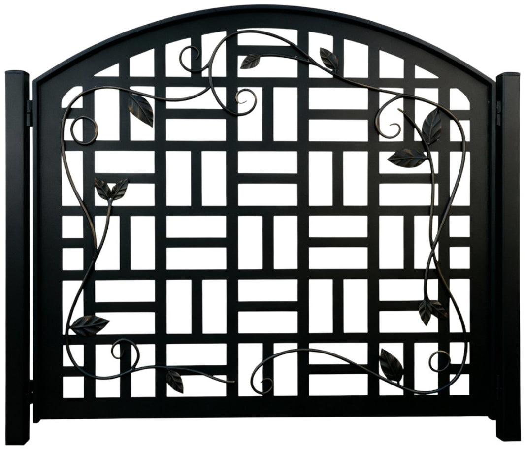 Leafgrid Passage – Arched man door with geometric lattice, vine scrollwork, and ornamental leaf accents Model # MG047