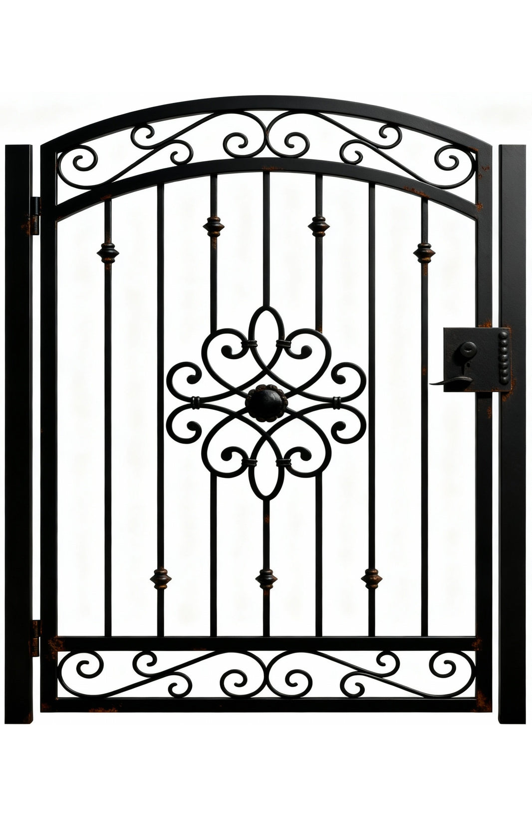 Knucklebloom Passage – Ornamental wrought iron man door with floral centerpiece, scrollwork lattice, and vertical knuckle bars Model # MG221