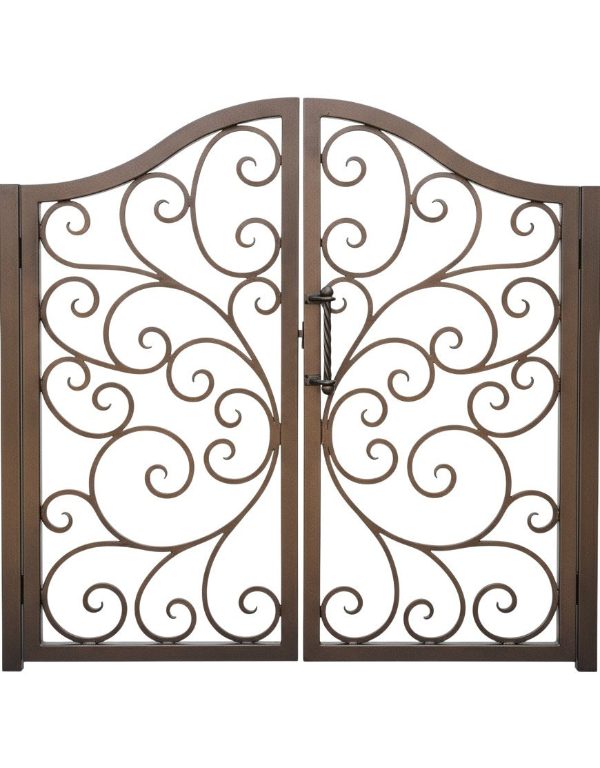 Scrollveil Passage – Ornamental double-panel wrought iron man door with symmetrical scrollwork and arched silhouette Model # MG237