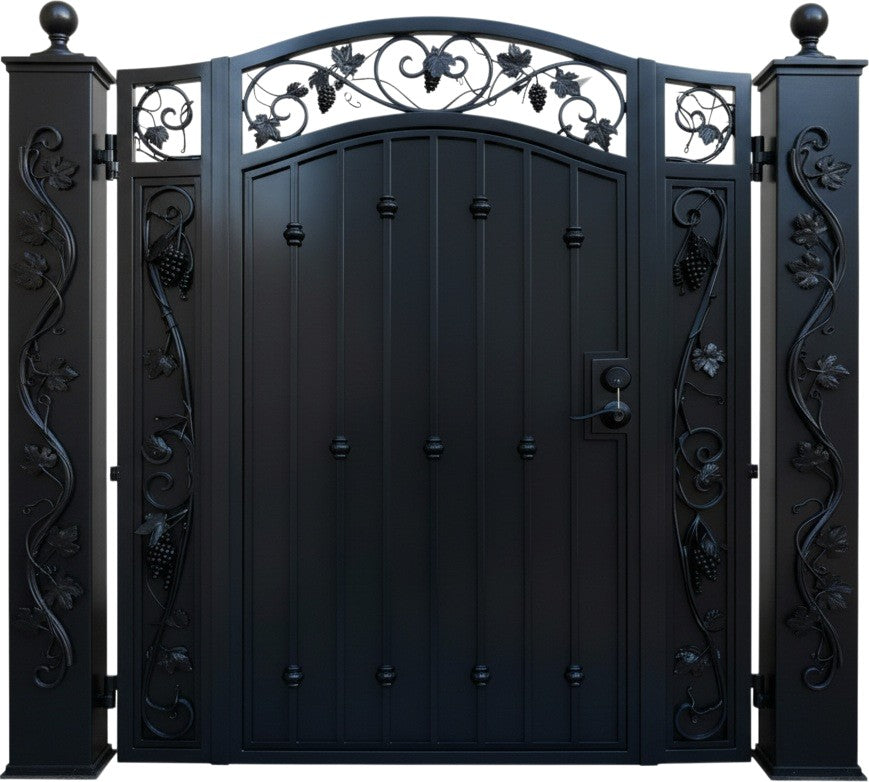 Vine crest Passage – Ornate wrought iron man door with grapevine scrollwork and arched top panel Model # MG258