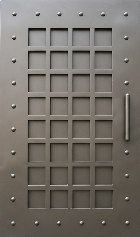 Grid mark Passage – Industrial-style man door with riveted frame and square panel grid Model # MG262