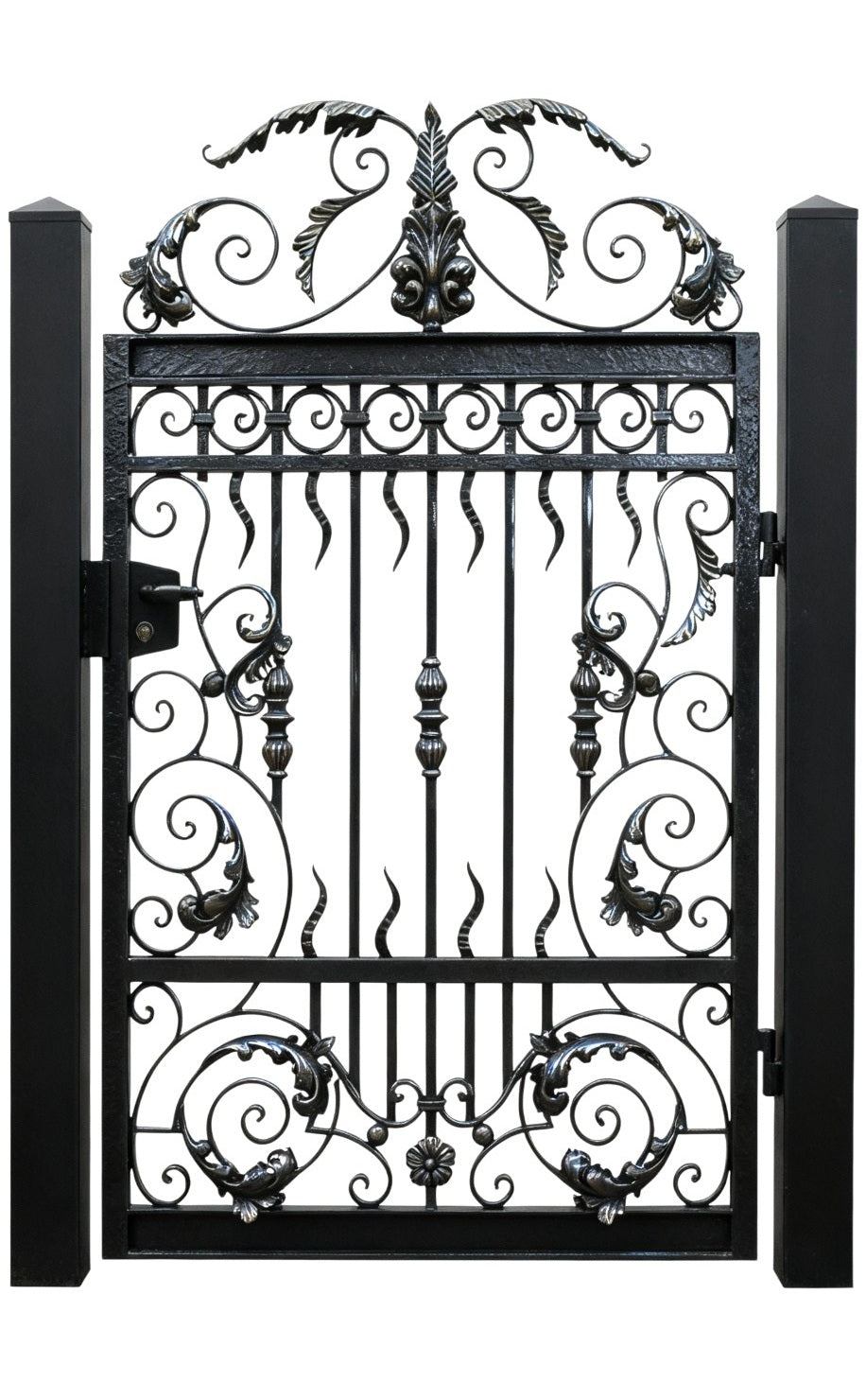 Leafcrest Passage – Ornamental wrought iron man door with floral scrollwork, vertical bar lattice, and leaf crown arch Model # MG263