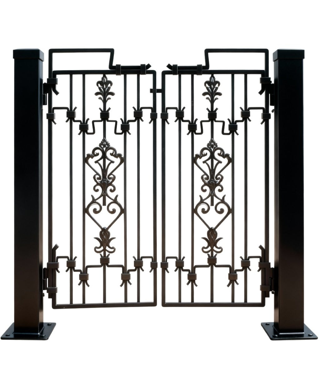 Floracrest Passage – Ornamental wrought iron man door with floral scrollwork, vertical bar lattice, and symmetrical twin-panel design Model # MG264