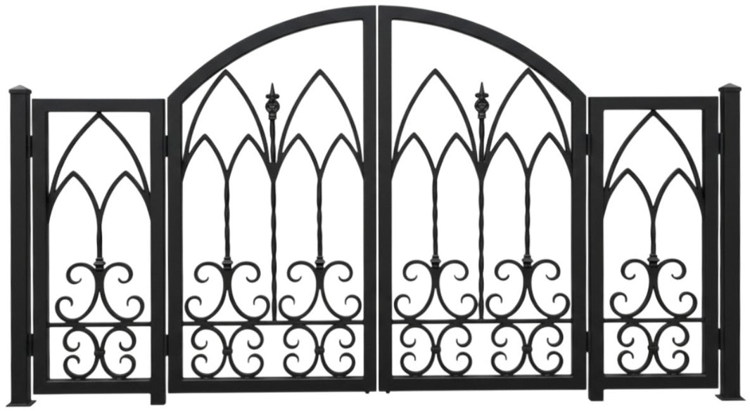 Gothique Passage – Ornamental wrought iron man door with pointed arch lattice, twisted bars, and scrollwork base Model # MG266