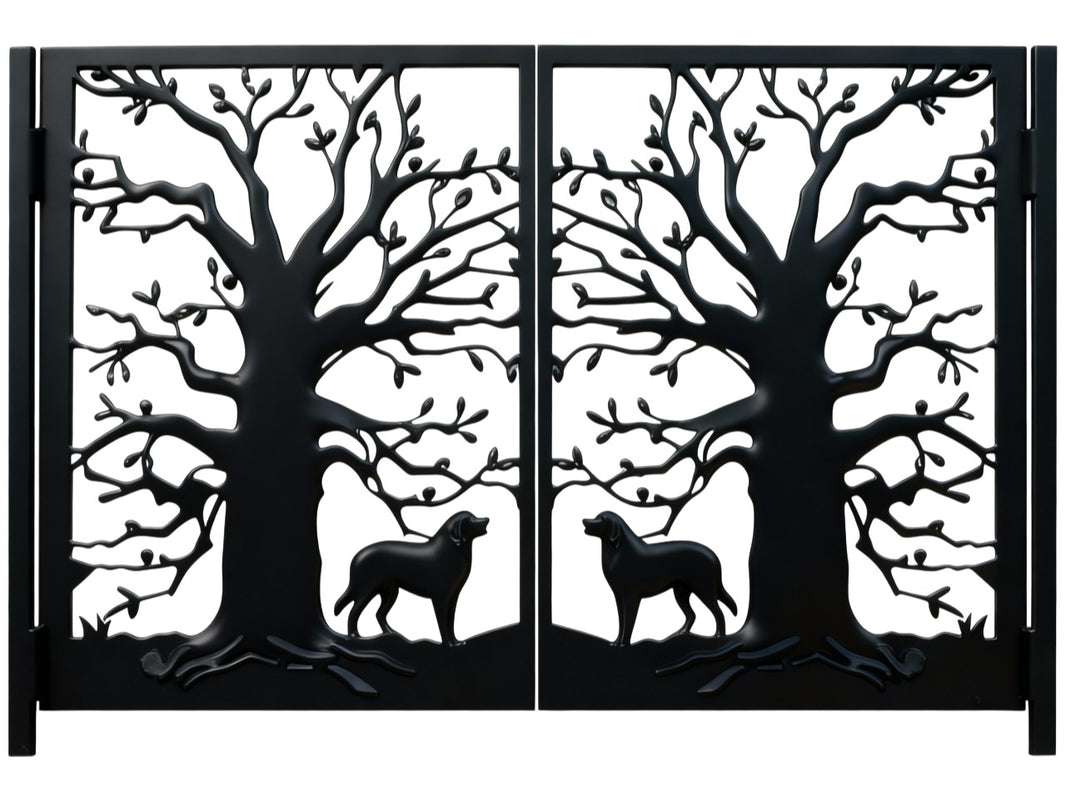 Dogtree Passage – Artistic double-panel man door with mirrored dogs, stylized tree silhouettes, and leaf accents Model # MG300