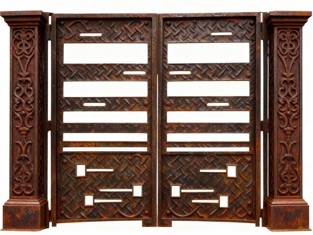Rustveil Passage – Vintage double-panel wrought iron man door with geometric lattice, scrollwork columns, and antique patina Model # MG301