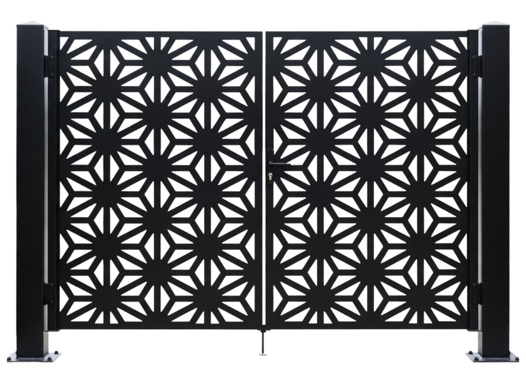 Starveil Passage – Geometric double-panel metal man door with symmetrical starburst lattice and trapezoidal cut-outs Model # MG303