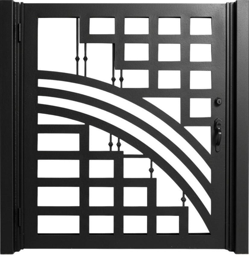 Stairline Passage – Architectural man door with geometric grid, sweeping curves, and baluster-style verticals Model # MG307