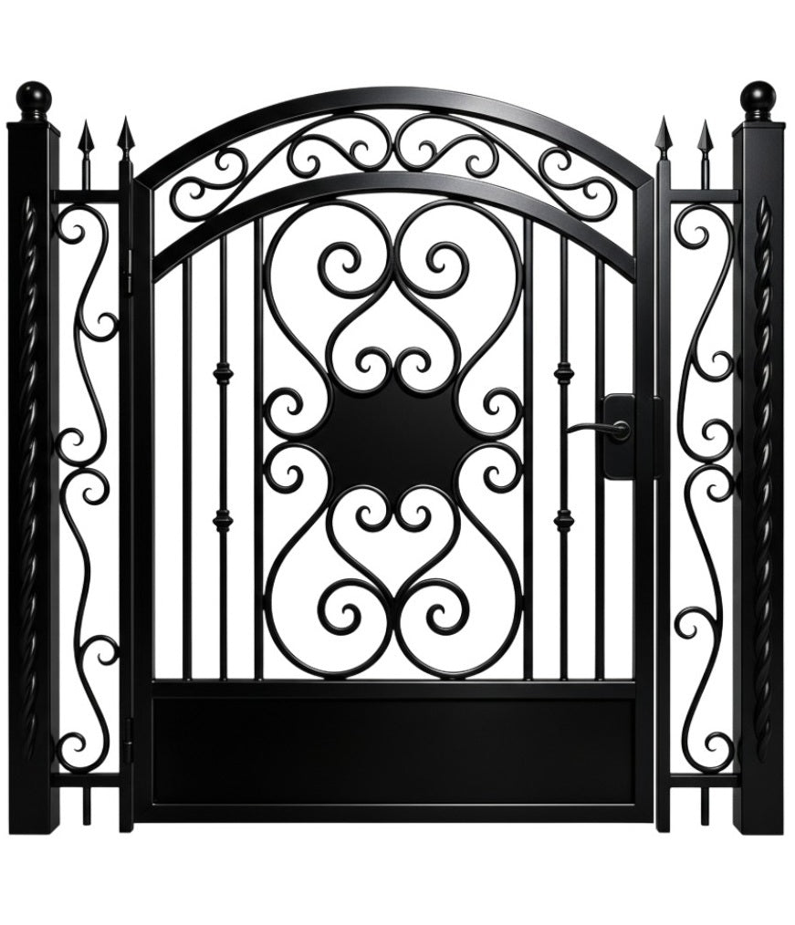 Floralveil Passage – Ornamental wrought iron man door with central swirl motif, arched scroll crown, and triple floral base Model # MG310