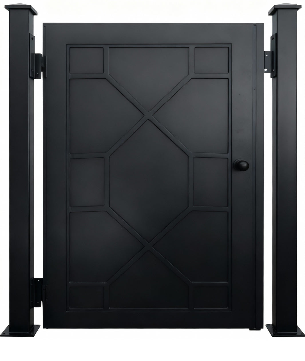 Orbitline Passage – Modern geometric man door with circular centerpiece, intersecting gridwork, and solid base panel Model # MG314