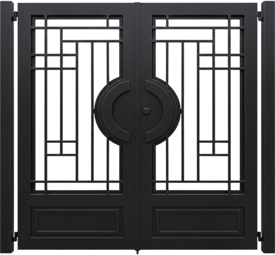 Circlegrid Passage – Modern double-panel man door with circular centerpiece, geometric gridwork, and solid base panels Model # MG320