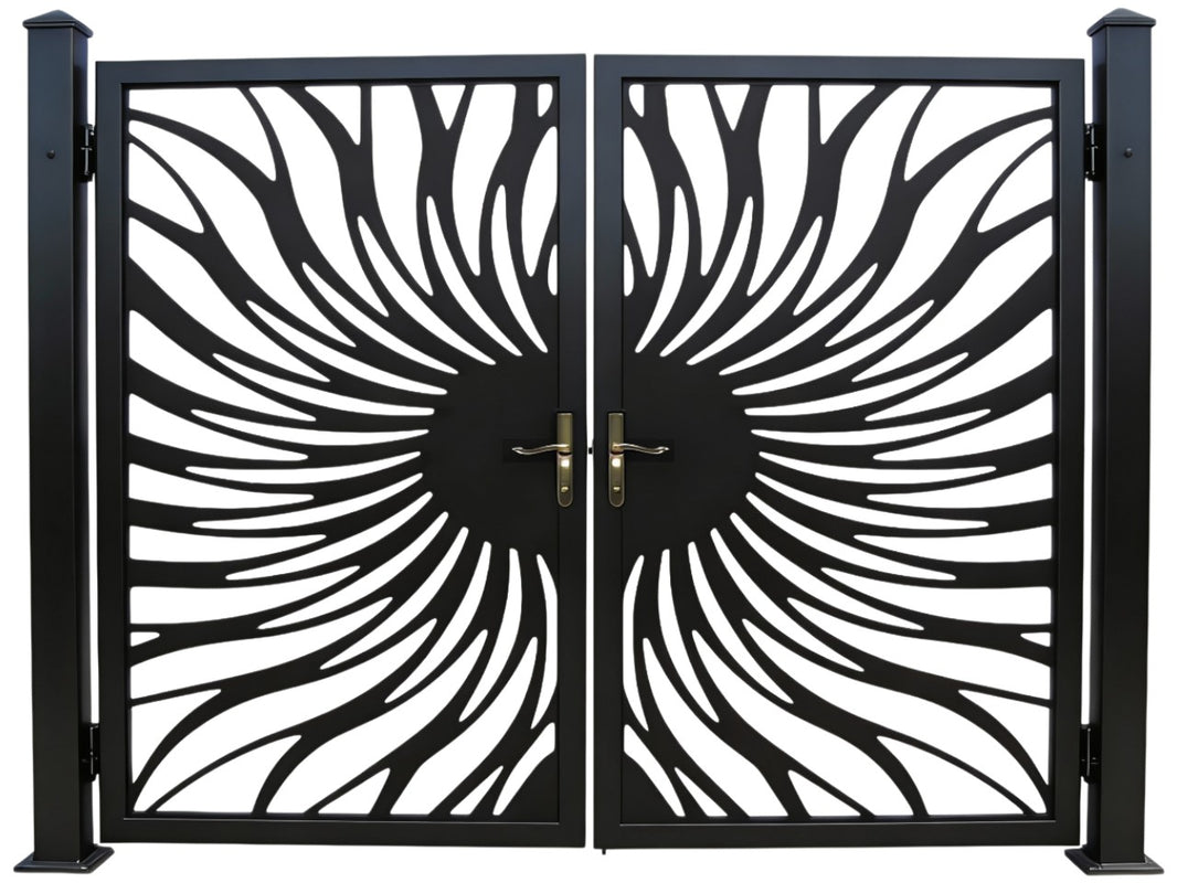 Rayburst Passage – Ornamental metal man door with abstract sunray cutout lattice and symmetrical organic geometry Model # MG321