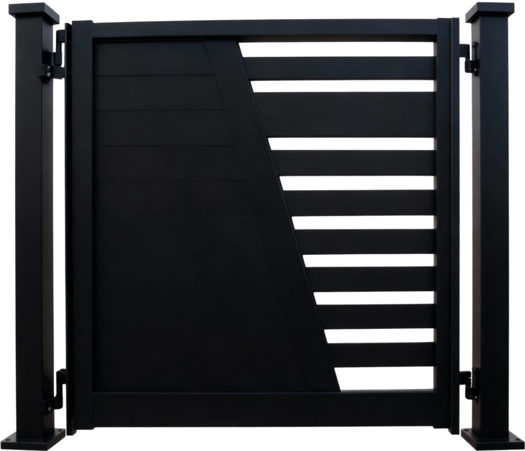 Slant form Passage – Modern diagonal panel man door with horizontal slat contrast Model # MG324