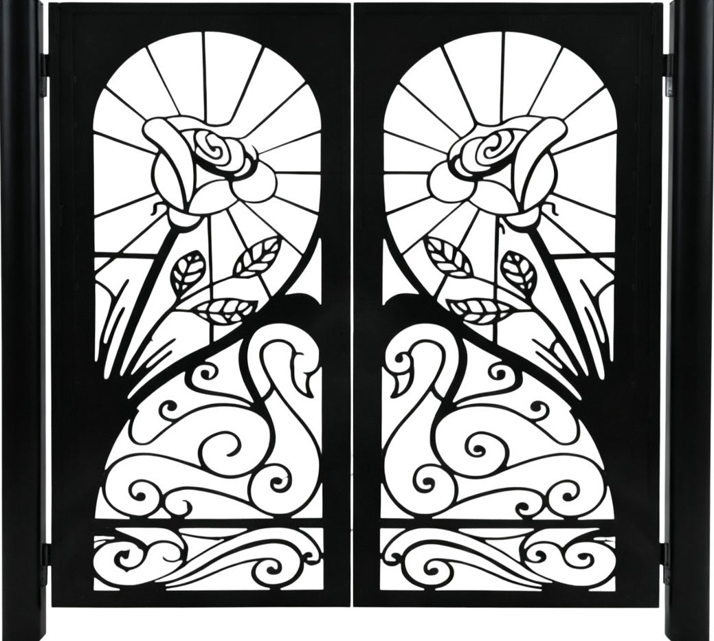 Roseswan Passage – Artistic wrought iron man door with rose medallions, swan silhouettes, and radiant linework Model # MG327