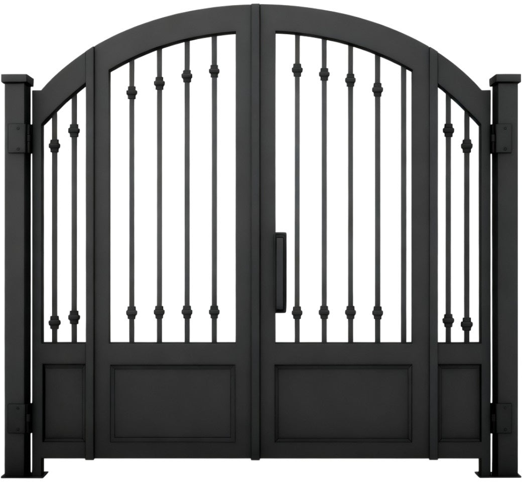 Panelcrest Passage – Arched double-panel wrought iron man door with vertical finials and raised lower panels Model # MG335