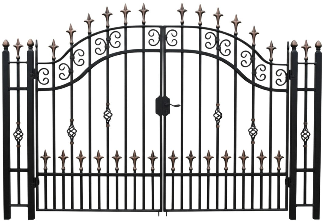 Spearcrest Passage – Ornamental wrought iron man door with alternating spear finials, diamond lattice, and arched scroll crown Model # MG400