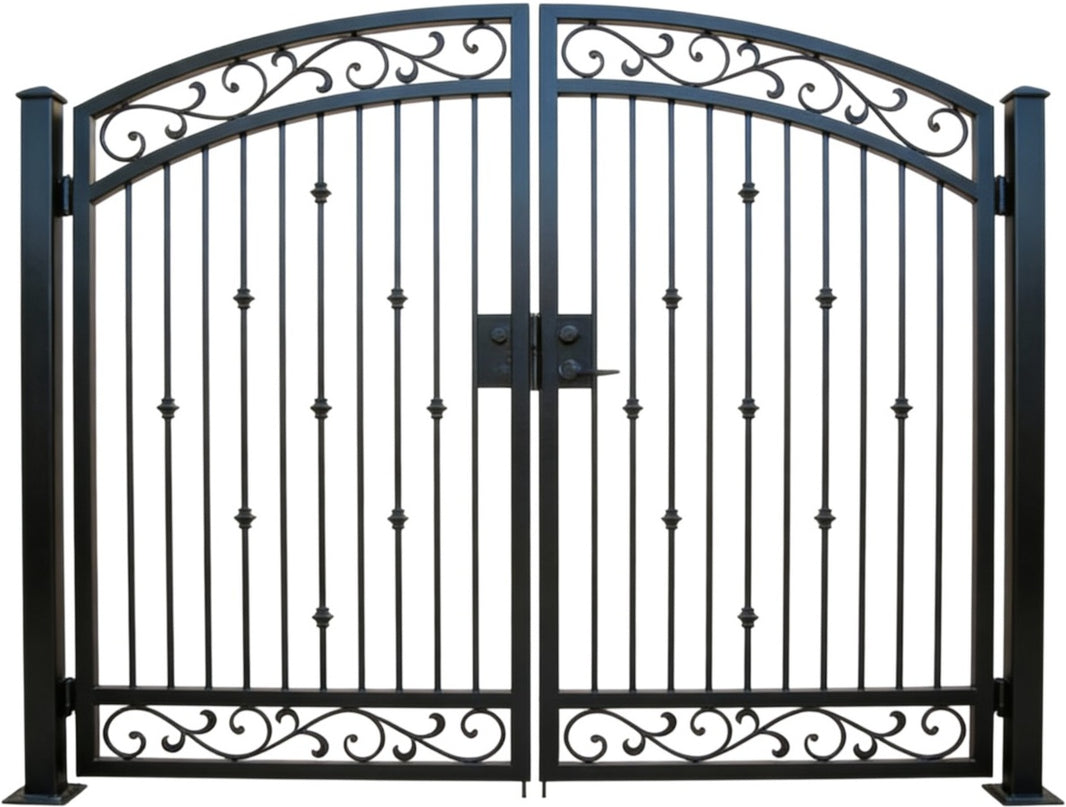Knucklecrest Passage – Ornamental wrought iron man door with decorative knuckles, arched scroll crown, and symmetrical twin-panel layout Model # MG402