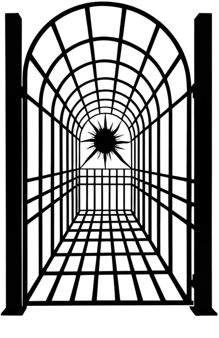 Stargrid Passage – Geometric man door with tunnel illusion and radiant sunburst focal point Model # MG406