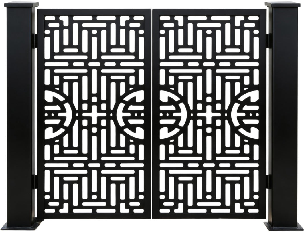Geoform Passage – Modern ornamental metal man door with geometric cutouts, circular medallions, and symmetrical twin-panel layout Model # MG484