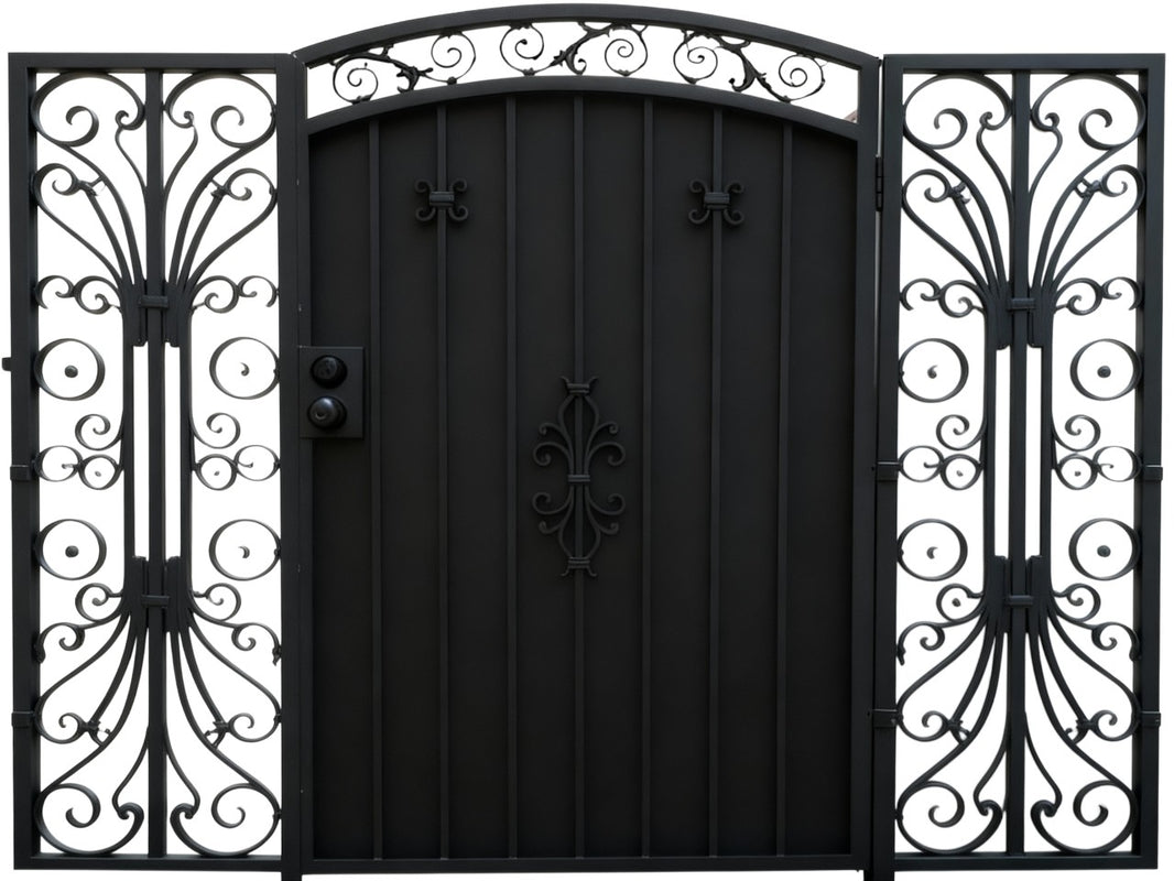 Floracrest Passage – Ornamental triple-panel wrought iron man door with central floral medallion and scrollwork side wings Model # MG497