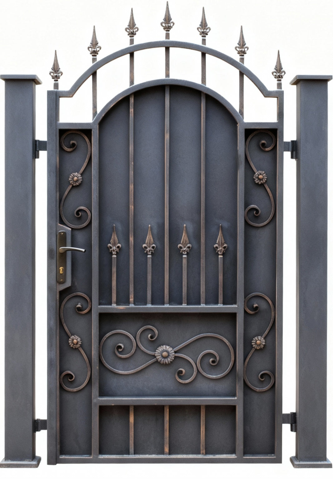 Fleurcrest Passage – Arched wrought iron man door with fleur-de-lis finials, spear points, and ornamental scroll panel Model # MG713