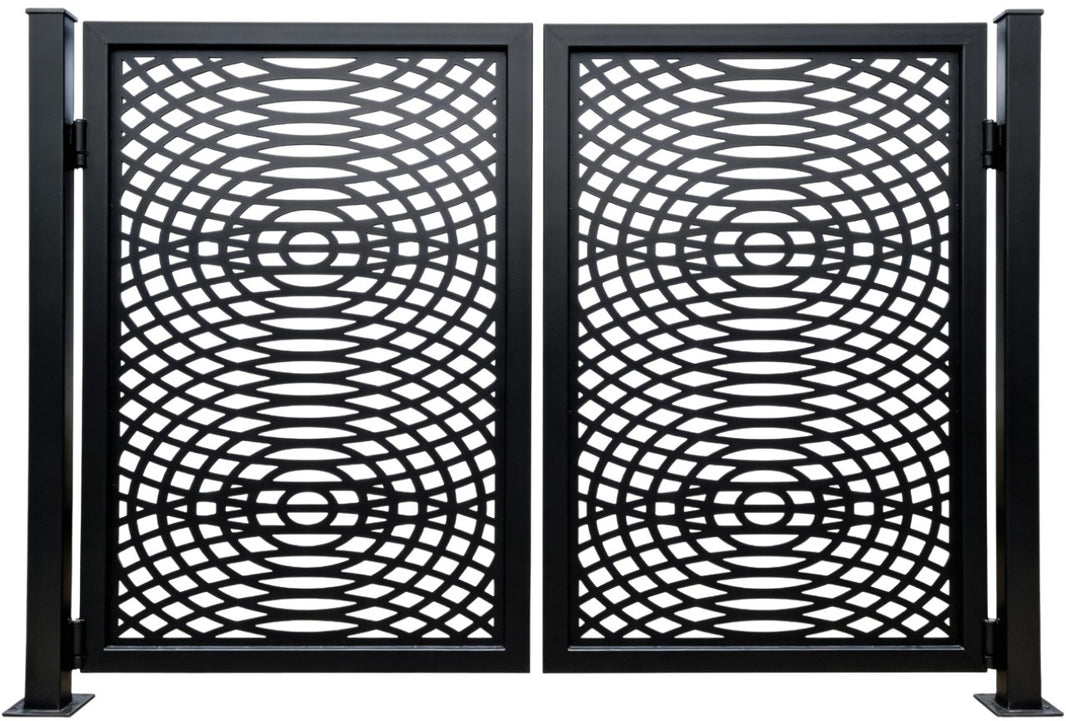 Orbitveil Passage – Ornamental metal man door with concentric circle lattice and intersecting grid geometry Model # MG743