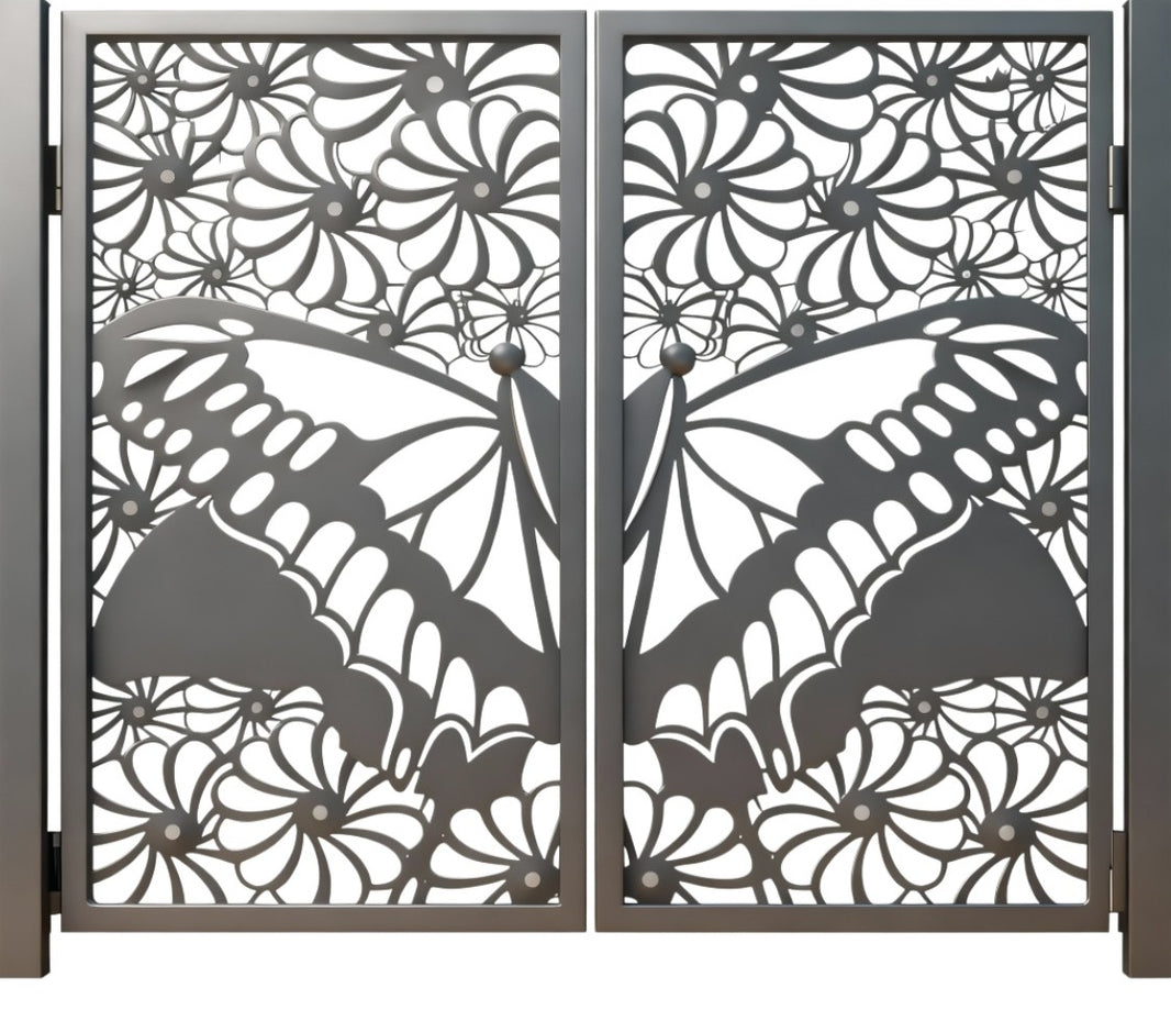 Buttergarden Passage – Artistic double-panel man door with full-wing butterfly silhouette and floral bloom accents Model # MG766