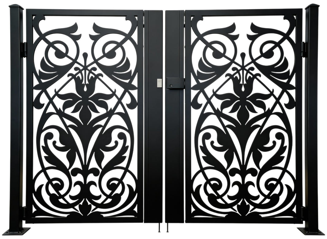 Floravine Passage – Ornamental wrought iron man door with scrollwork lattice and mirrored floral flourishes Model # MG767