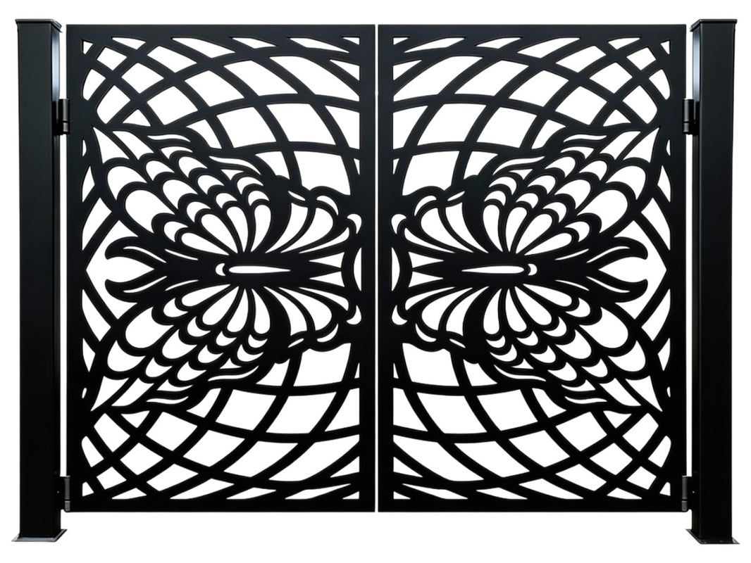 Papillonveil Passage – Ornamental metal man door with stylized butterfly medallions and geometric lattice web Model # MG772