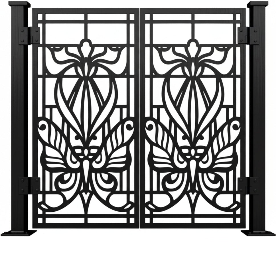 Butterbloom Passage – Ornamental double-panel man door with stylized butterfly base and floral scrollwork crown Model # MG775