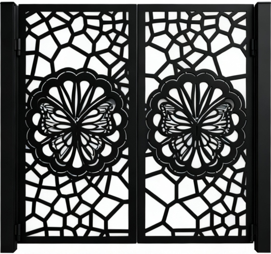 Buttermosaic Passage – Decorative double-panel man door with scalloped butterfly medallions and geometric mosaic framing Model # MG781