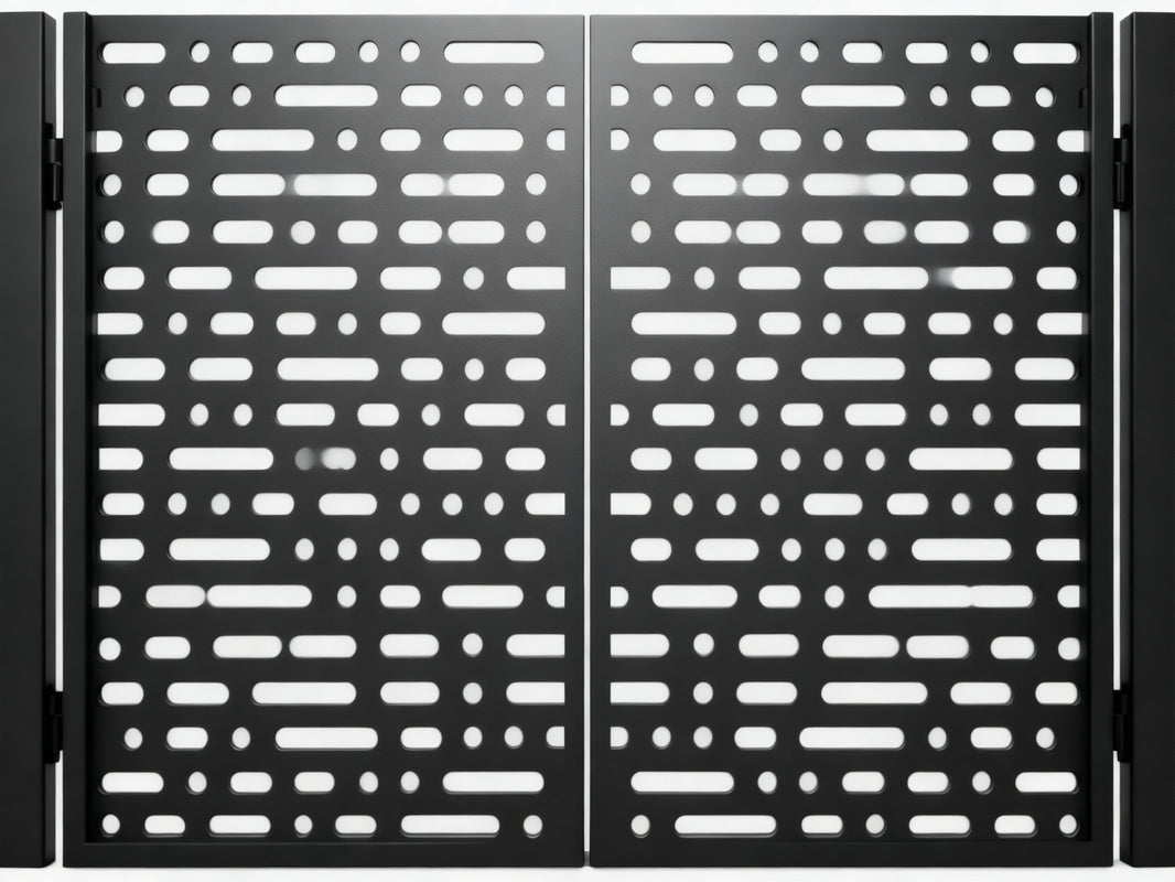 Slotveil Passage – Modern double-panel metal man door with horizontal slots and circular perforation grid Model # MG782