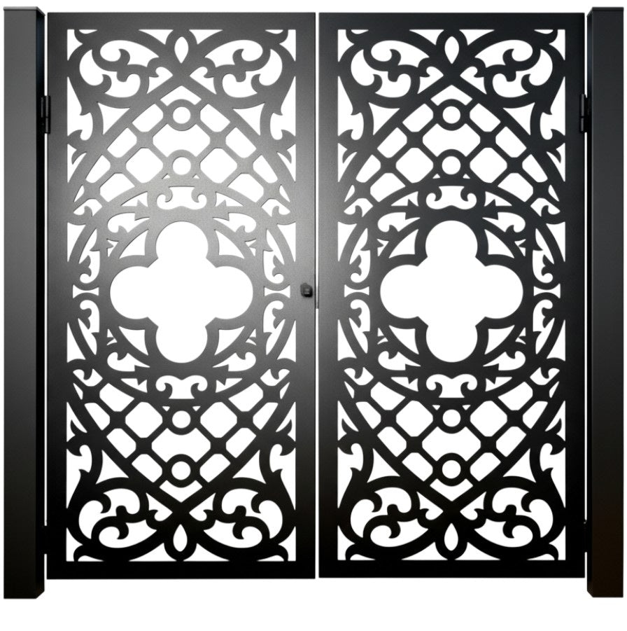 Quatrefoil Passage – Ornamental double-panel man door with central quatrefoil motif, scrollwork symmetry, and geometric accents Model # MG792