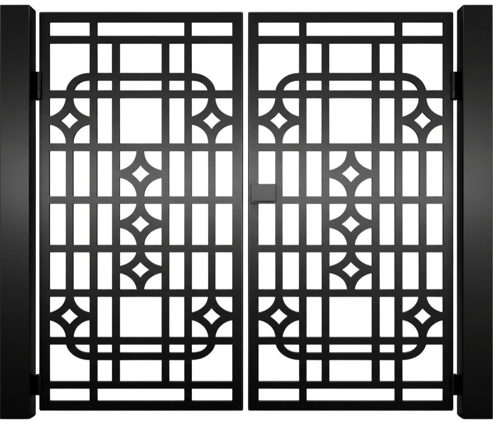 Triadgrid Passage – Geometric double-panel man door with diamond cut-outs, curved accents, and vertical framing Model # MG793