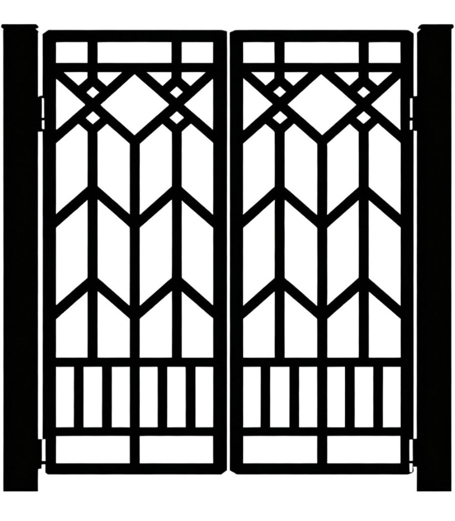 Diamonveil Passage – Geometric double-panel wrought iron man door with interlocking diamond crest and chevron lattice base Model # MG794
