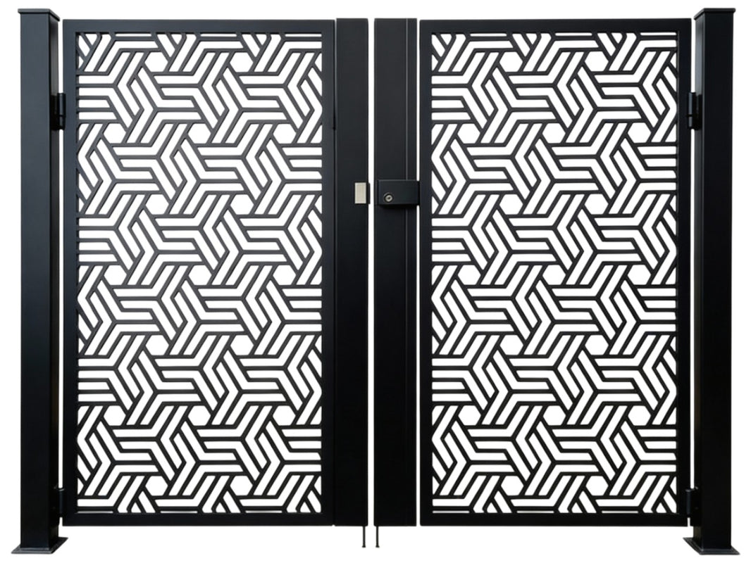 Tessellux Passage – Ornamental metal man door with interlocking angular lattice and mirrored optical geometry Model # MG810