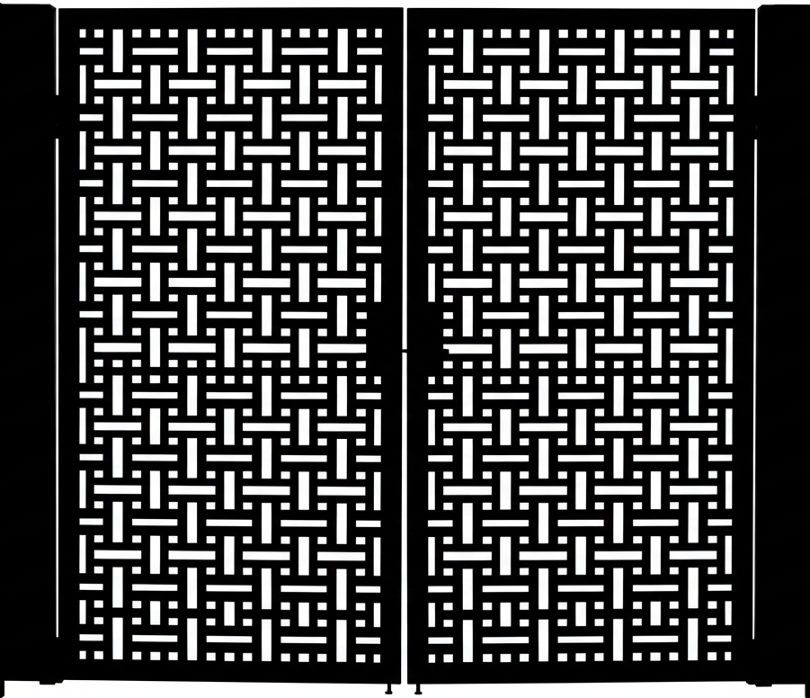 Weavecrest Passage – Ornamental metal man door with interlocking rectangular lattice and symmetrical twin-panel layout Model # MG813