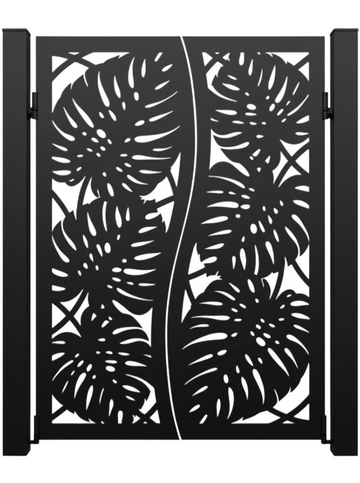 Monstera Split Passage – Ornamental metal man door with mirrored tropical leaf cutouts and central wave divide Model # MD818